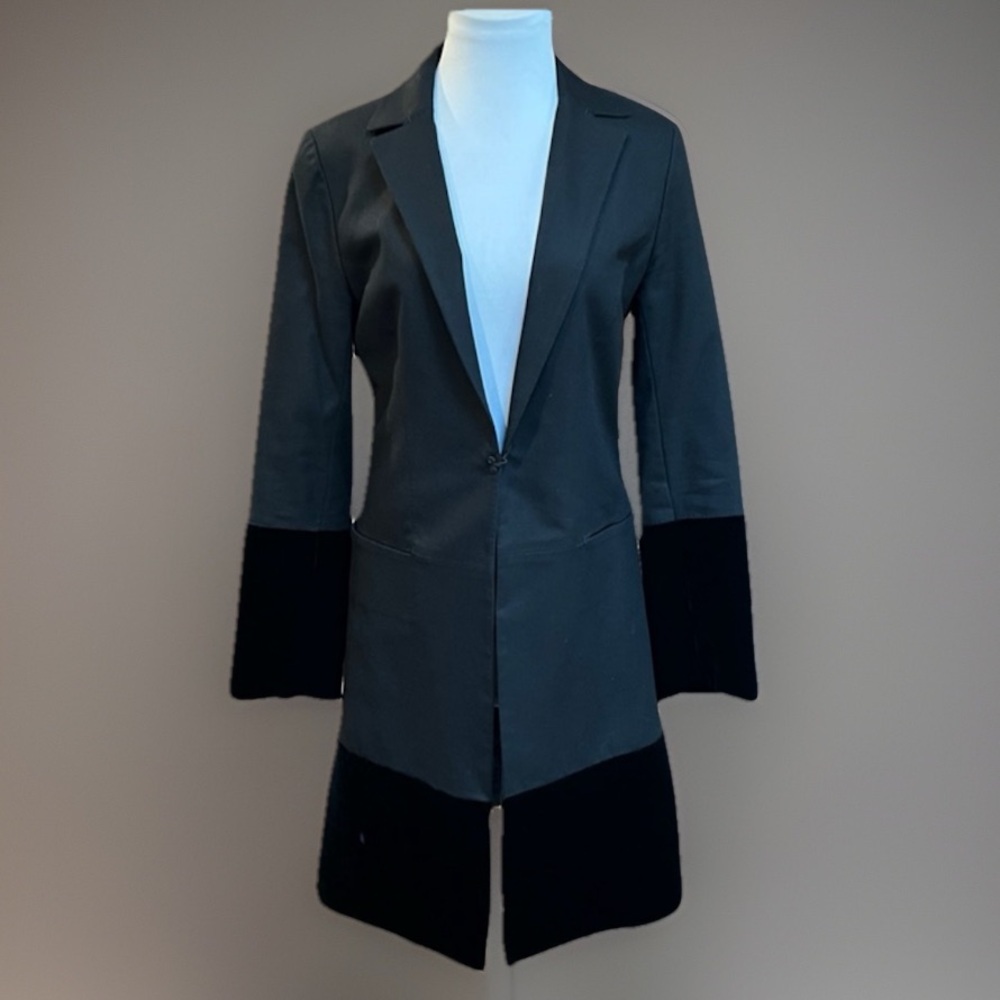 Black Velvety TRIM Hemline Cuffs Long Dress Jacket Coat